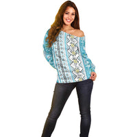 Hawaii Makahiki Turtle Off Shoulder Sweater Blue Tapa Pattern LT05 - Polynesian Pride