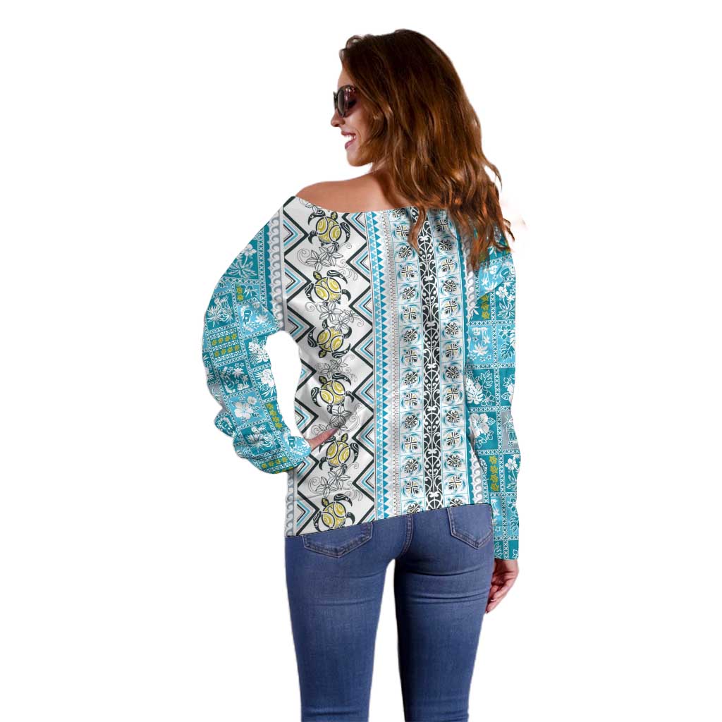Hawaii Makahiki Turtle Off Shoulder Sweater Blue Tapa Pattern LT05 - Polynesian Pride