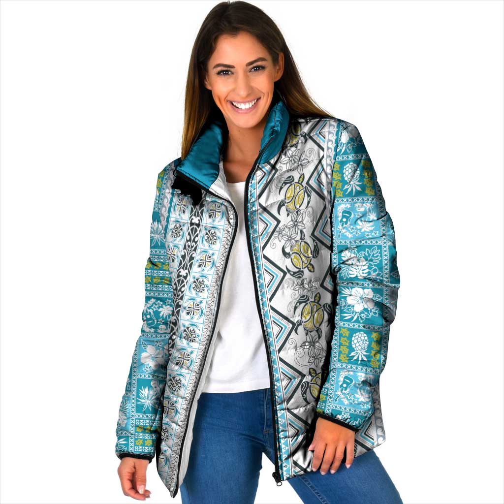 Hawaii Makahiki Turtle Padded Jacket Blue Tapa Pattern LT05 Women Blue - Polynesian Pride