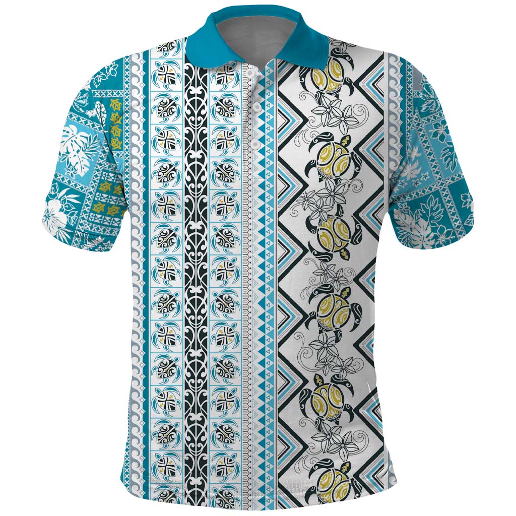 Hawaii Makahiki Turtle Polo Shirt Blue Tapa Pattern LT05 Blue - Polynesian Pride