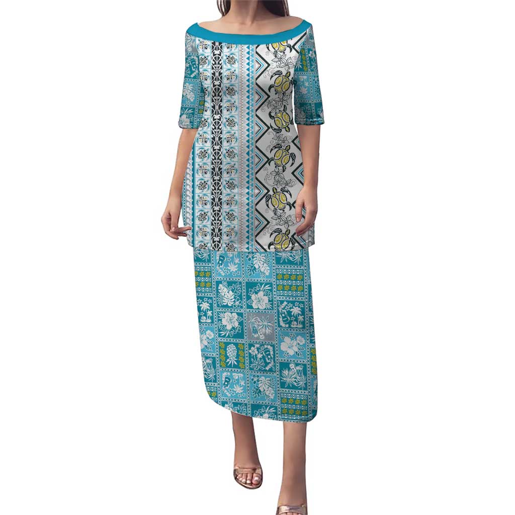 Hawaii Makahiki Turtle Puletasi Blue Tapa Pattern LT05 Long Dress Blue - Polynesian Pride
