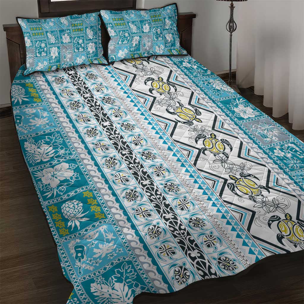 Hawaii Makahiki Turtle Quilt Bed Set Blue Tapa Pattern LT05 Blue - Polynesian Pride