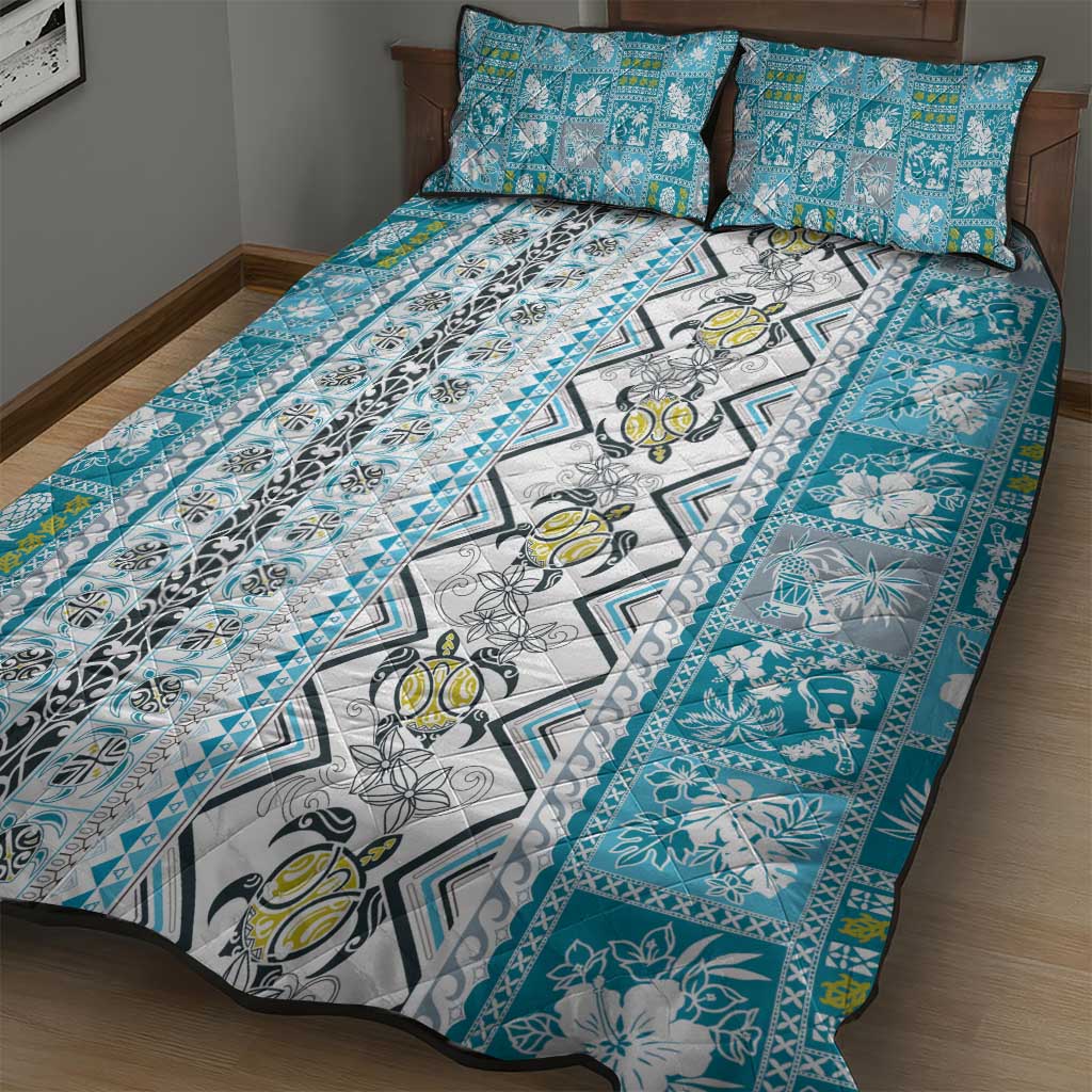 Hawaii Makahiki Turtle Quilt Bed Set Blue Tapa Pattern LT05 - Polynesian Pride