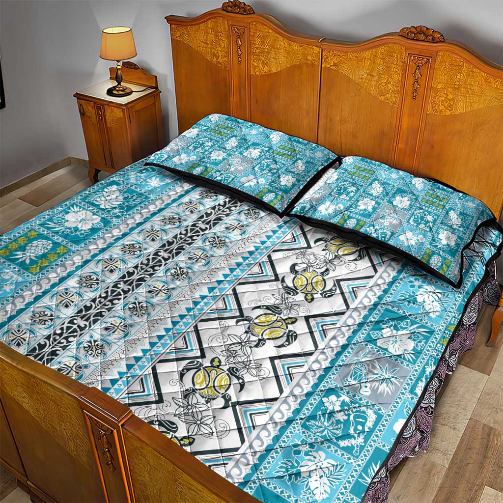 Hawaii Makahiki Turtle Quilt Bed Set Blue Tapa Pattern LT05 - Polynesian Pride