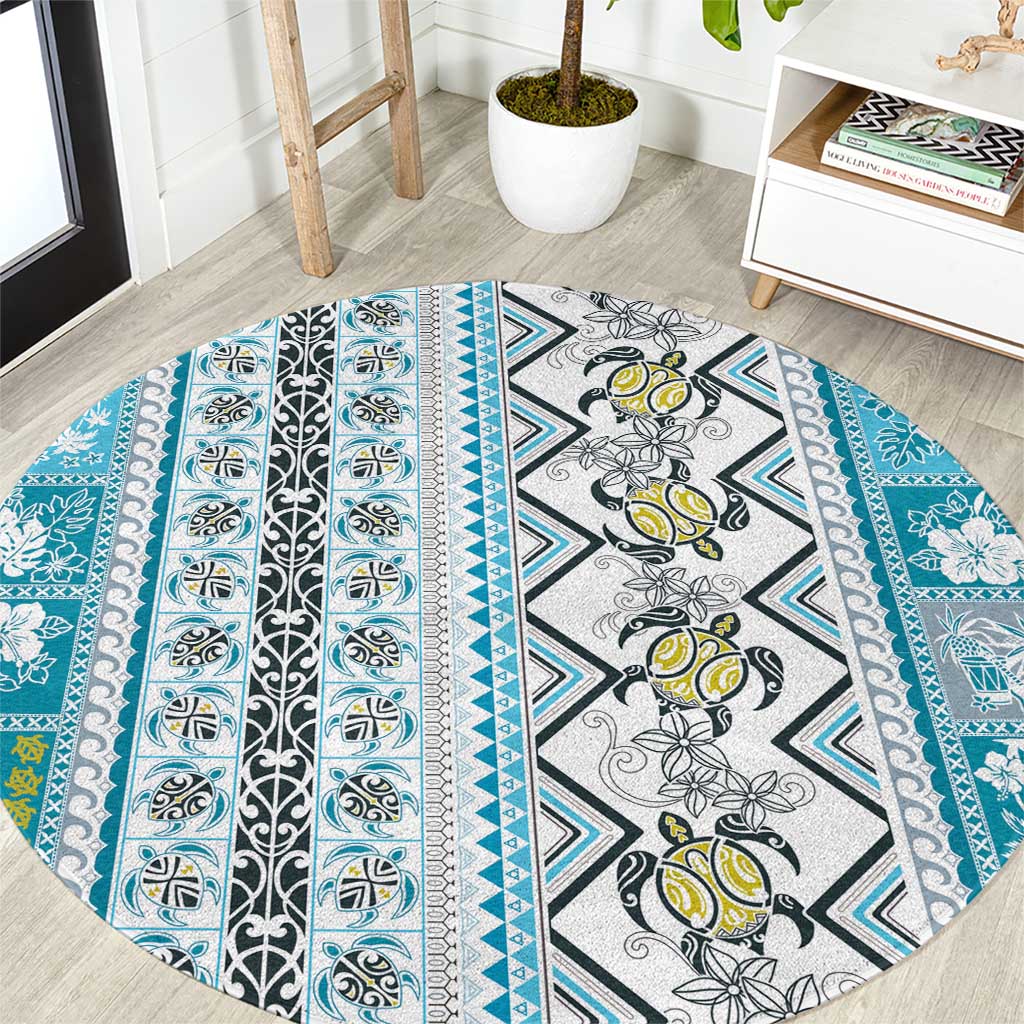 Hawaii Makahiki Turtle Round Carpet Blue Tapa Pattern LT05 Blue - Polynesian Pride