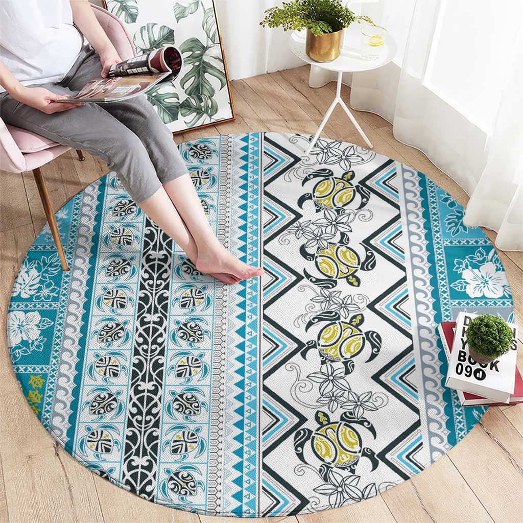 Hawaii Makahiki Turtle Round Carpet Blue Tapa Pattern LT05 - Polynesian Pride