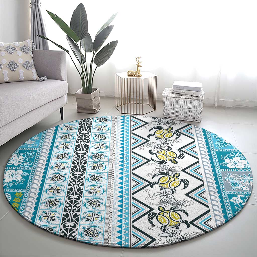 Hawaii Makahiki Turtle Round Carpet Blue Tapa Pattern LT05 - Polynesian Pride