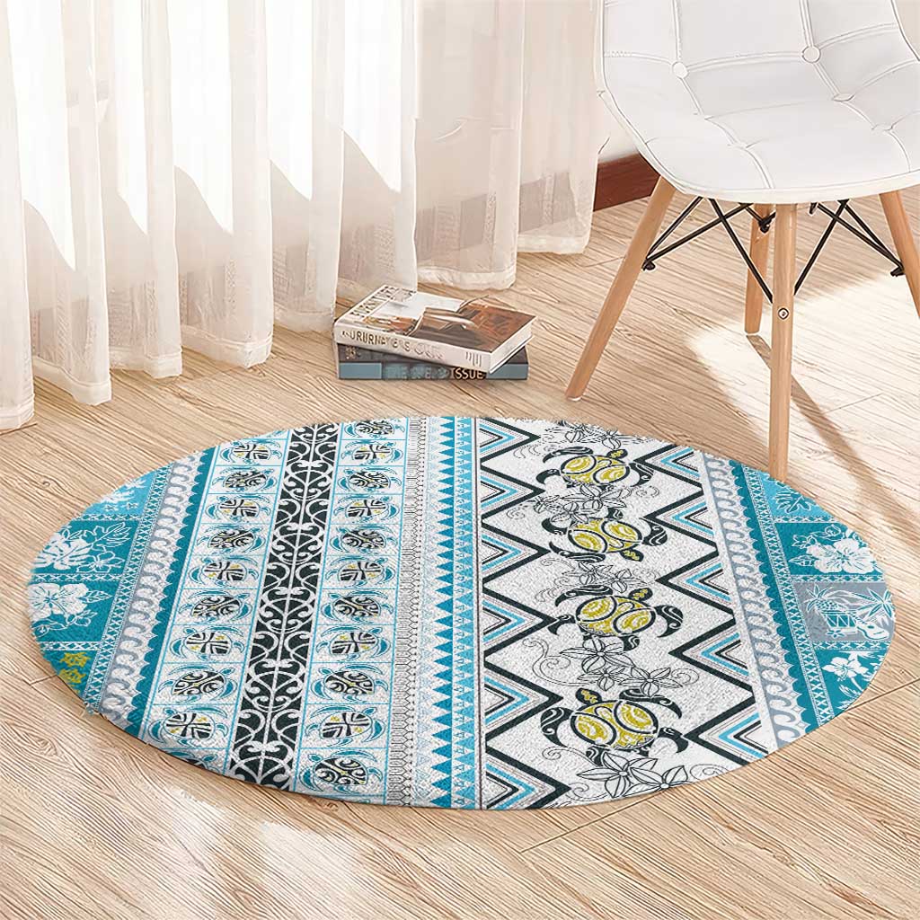 Hawaii Makahiki Turtle Round Carpet Blue Tapa Pattern LT05 - Polynesian Pride