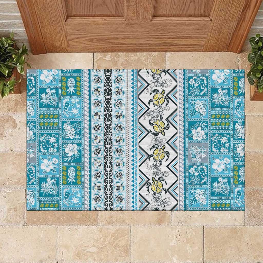 Hawaii Makahiki Turtle Rubber Doormat Blue Tapa Pattern LT05 Blue - Polynesian Pride