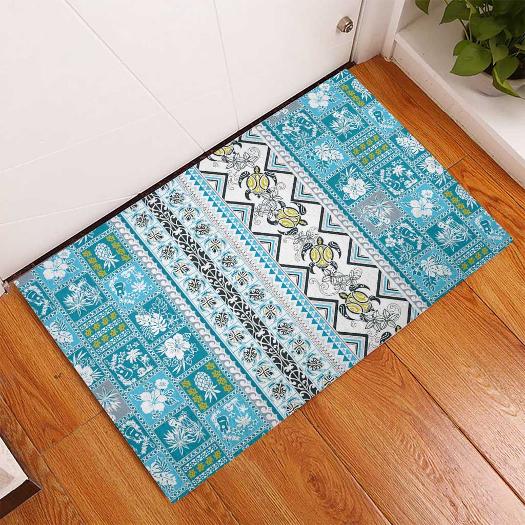 Hawaii Makahiki Turtle Rubber Doormat Blue Tapa Pattern LT05 - Polynesian Pride