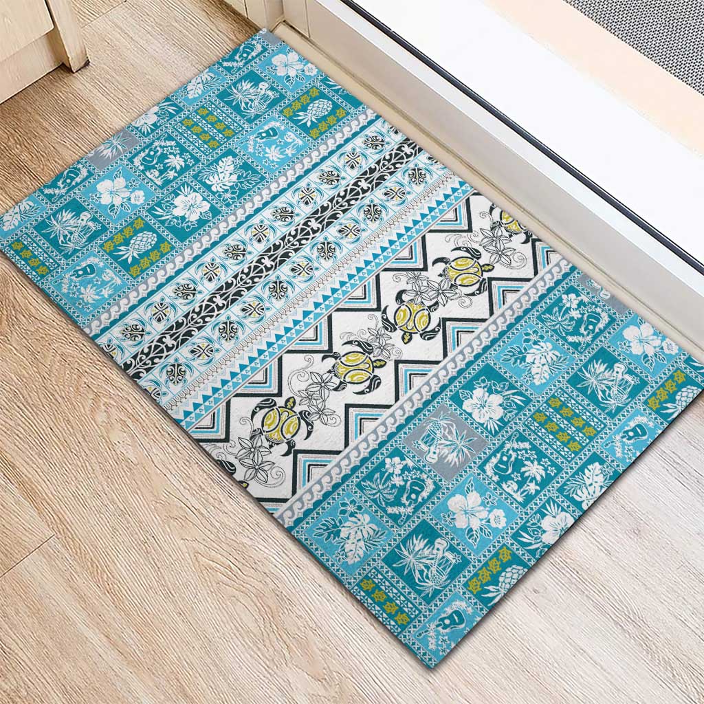 Hawaii Makahiki Turtle Rubber Doormat Blue Tapa Pattern LT05 - Polynesian Pride