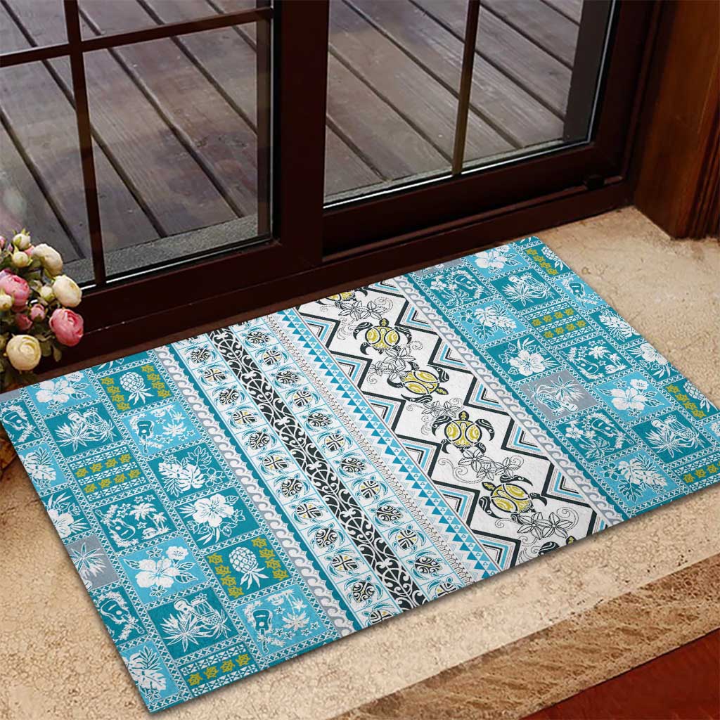 Hawaii Makahiki Turtle Rubber Doormat Blue Tapa Pattern LT05 - Polynesian Pride