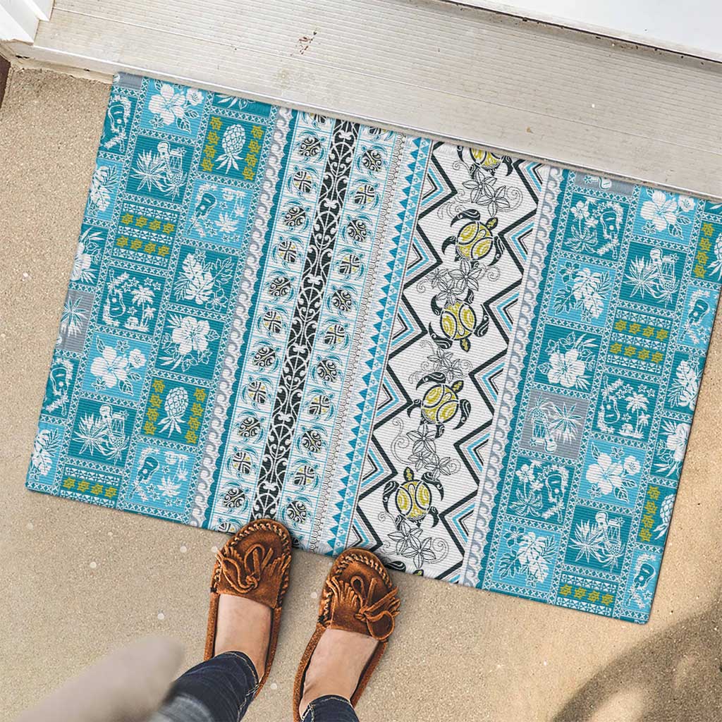 Hawaii Makahiki Turtle Rubber Doormat Blue Tapa Pattern LT05 - Polynesian Pride