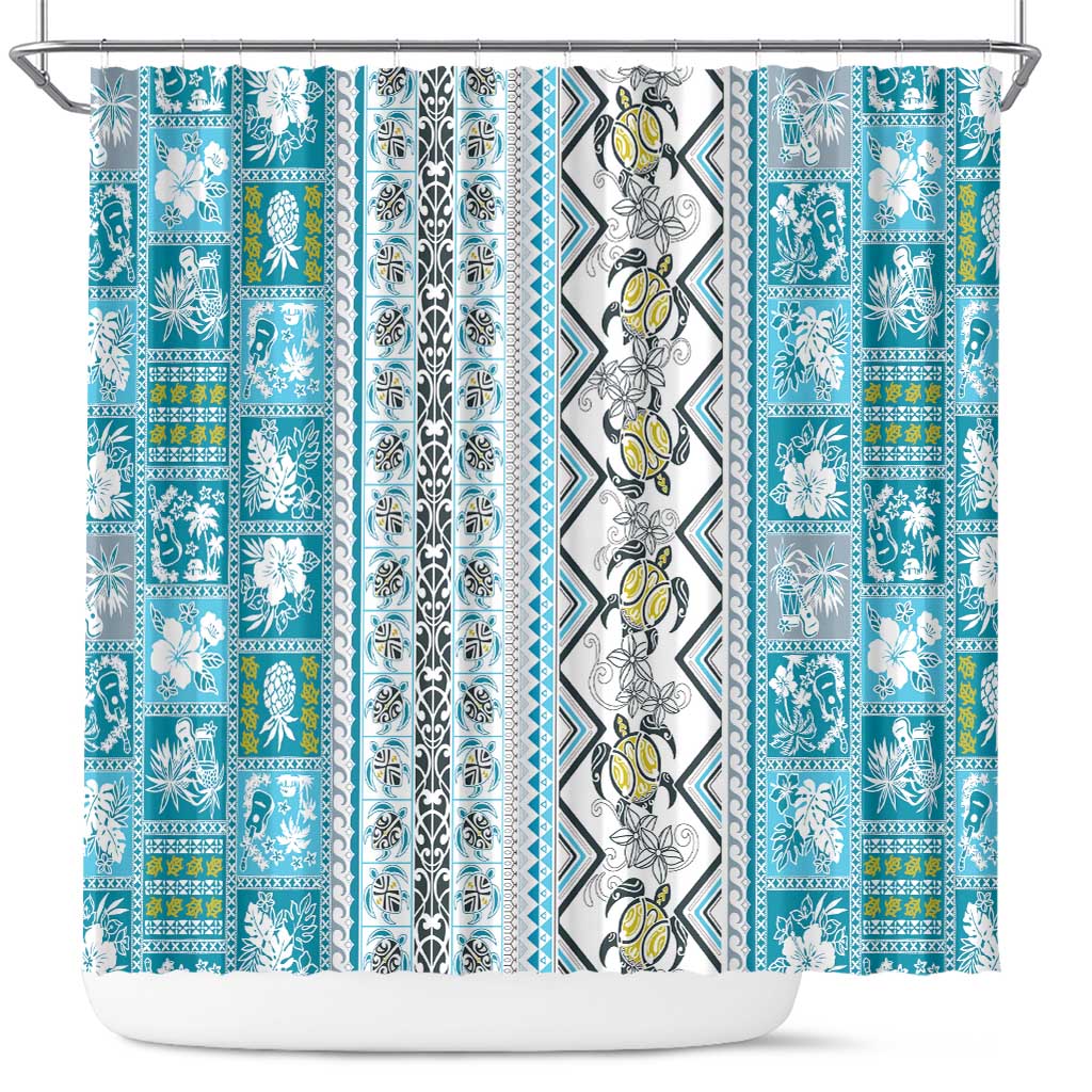 Hawaii Makahiki Turtle Shower Curtain Blue Tapa Pattern LT05 Blue - Polynesian Pride