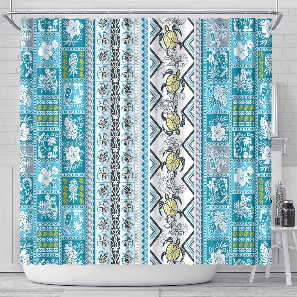 Hawaii Makahiki Turtle Shower Curtain Blue Tapa Pattern LT05 - Polynesian Pride