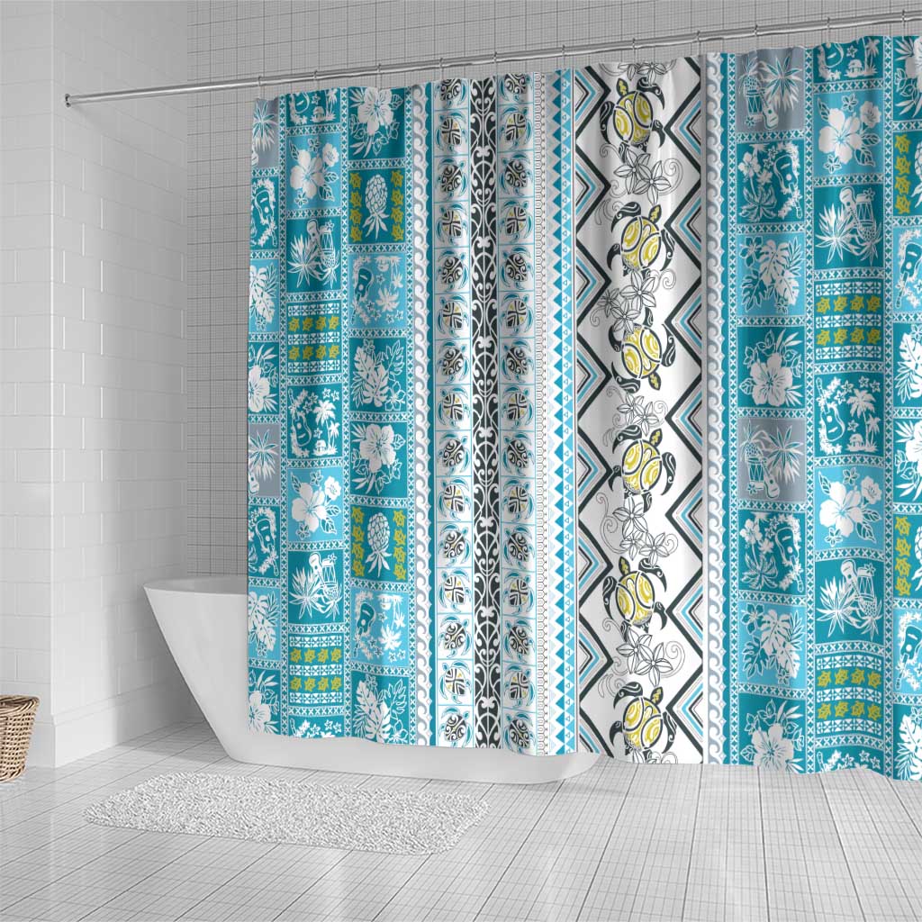 Hawaii Makahiki Turtle Shower Curtain Blue Tapa Pattern LT05 - Polynesian Pride