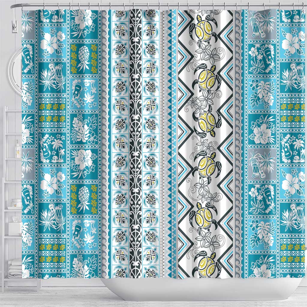 Hawaii Makahiki Turtle Shower Curtain Blue Tapa Pattern LT05 - Polynesian Pride