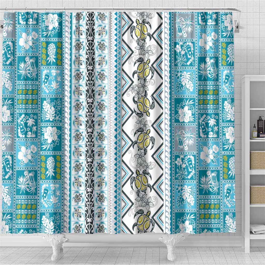 Hawaii Makahiki Turtle Shower Curtain Blue Tapa Pattern LT05 - Polynesian Pride