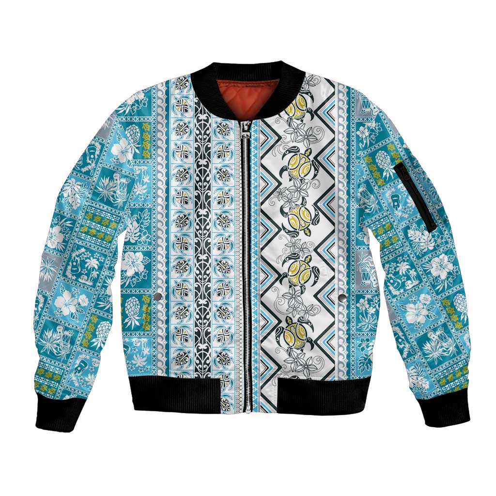 Hawaii Makahiki Turtle Sleeve Zip Bomber Jacket Blue Tapa Pattern LT05 Unisex Blue - Polynesian Pride