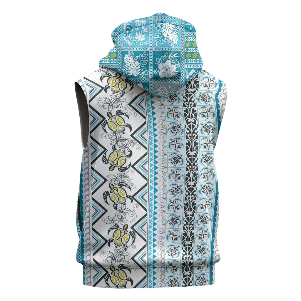 Hawaii Makahiki Turtle Sleeveless Hoodie Blue Tapa Pattern LT05 - Polynesian Pride