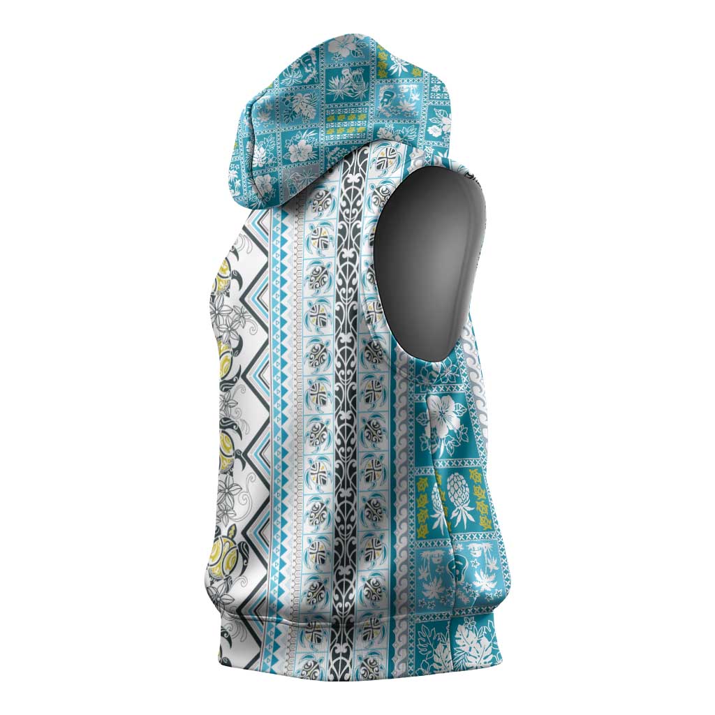 Hawaii Makahiki Turtle Sleeveless Hoodie Blue Tapa Pattern LT05 - Polynesian Pride