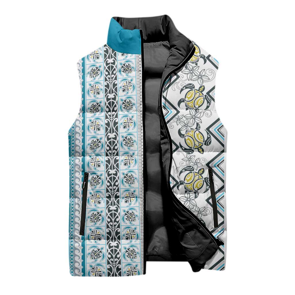Hawaii Makahiki Turtle Sleeveless Puffer Jacket Blue Tapa Pattern LT05 - Polynesian Pride