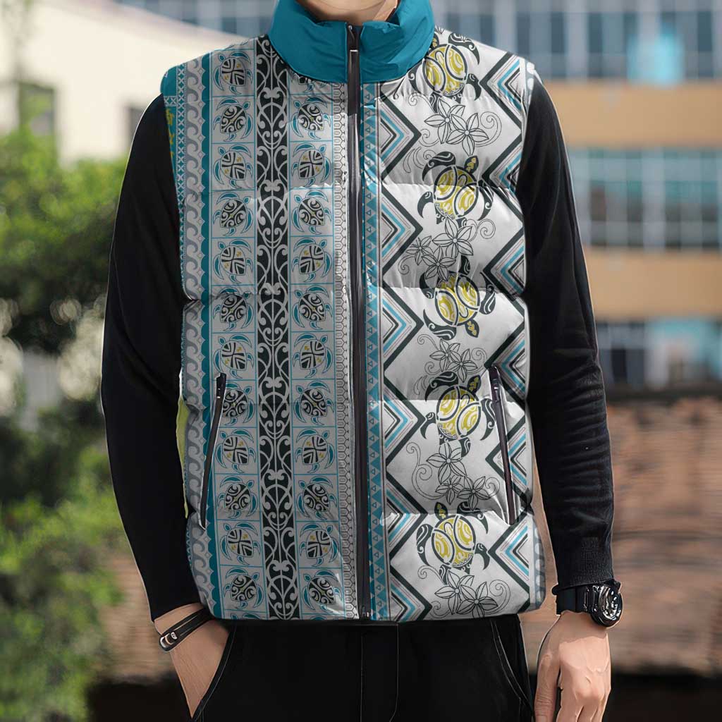 Hawaii Makahiki Turtle Sleeveless Puffer Jacket Blue Tapa Pattern LT05 - Polynesian Pride