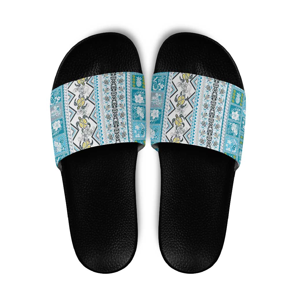 Hawaii Makahiki Turtle Slide Sandals Blue Tapa Pattern LT05 Blue - Polynesian Pride