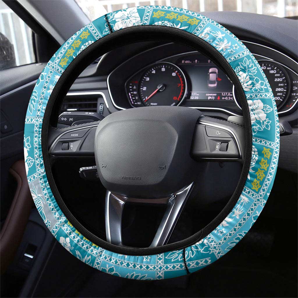 Hawaii Makahiki Turtle Steering Wheel Cover Blue Tapa Pattern LT05 - Polynesian Pride