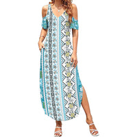 Hawaii Makahiki Turtle Summer Maxi Dress Blue Tapa Pattern LT05 Women Blue - Polynesian Pride
