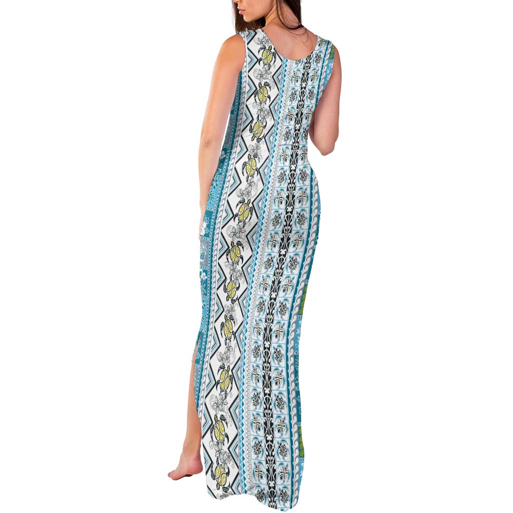 Hawaii Makahiki Turtle Tank Maxi Dress Blue Tapa Pattern LT05 - Polynesian Pride