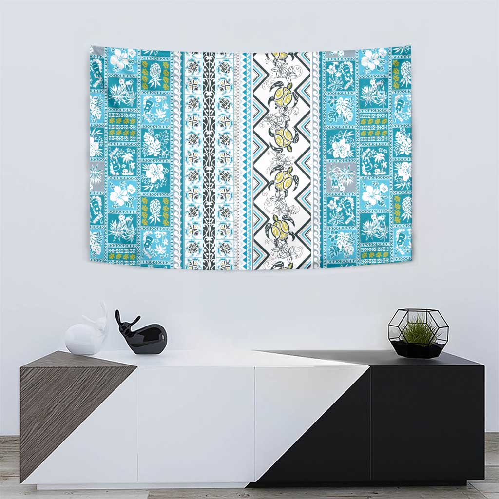 Hawaii Makahiki Turtle Tapestry Blue Tapa Pattern LT05 - Polynesian Pride