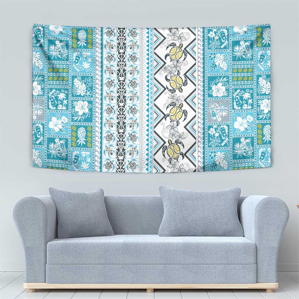 Hawaii Makahiki Turtle Tapestry Blue Tapa Pattern LT05 - Polynesian Pride
