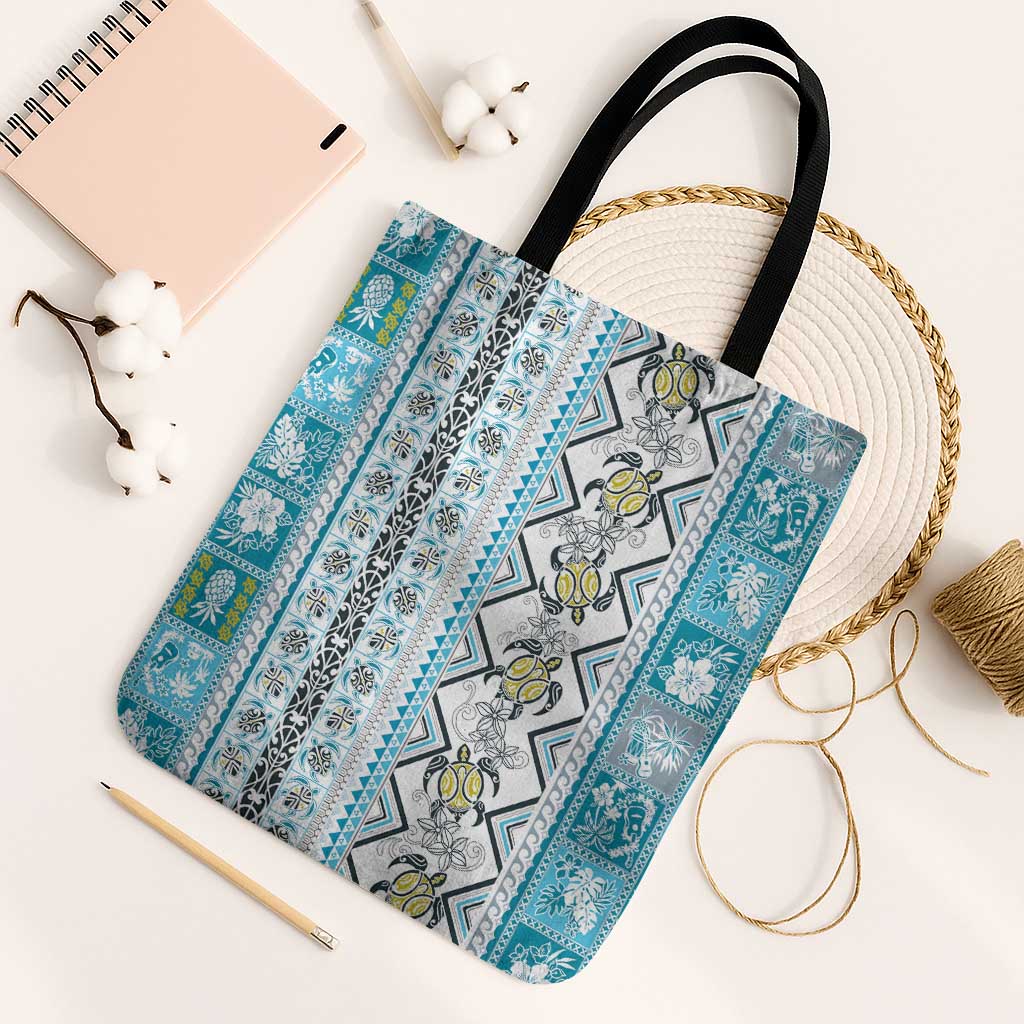 Hawaii Makahiki Turtle Tote Bag Blue Tapa Pattern LT05 Black Strap One Size Blue - Polynesian Pride