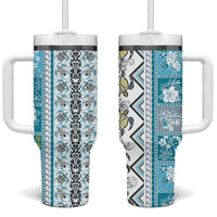 Hawaii Makahiki Turtle Tumbler With Handle Blue Tapa Pattern LT05 One Size: 40 oz Blue - Polynesian Pride