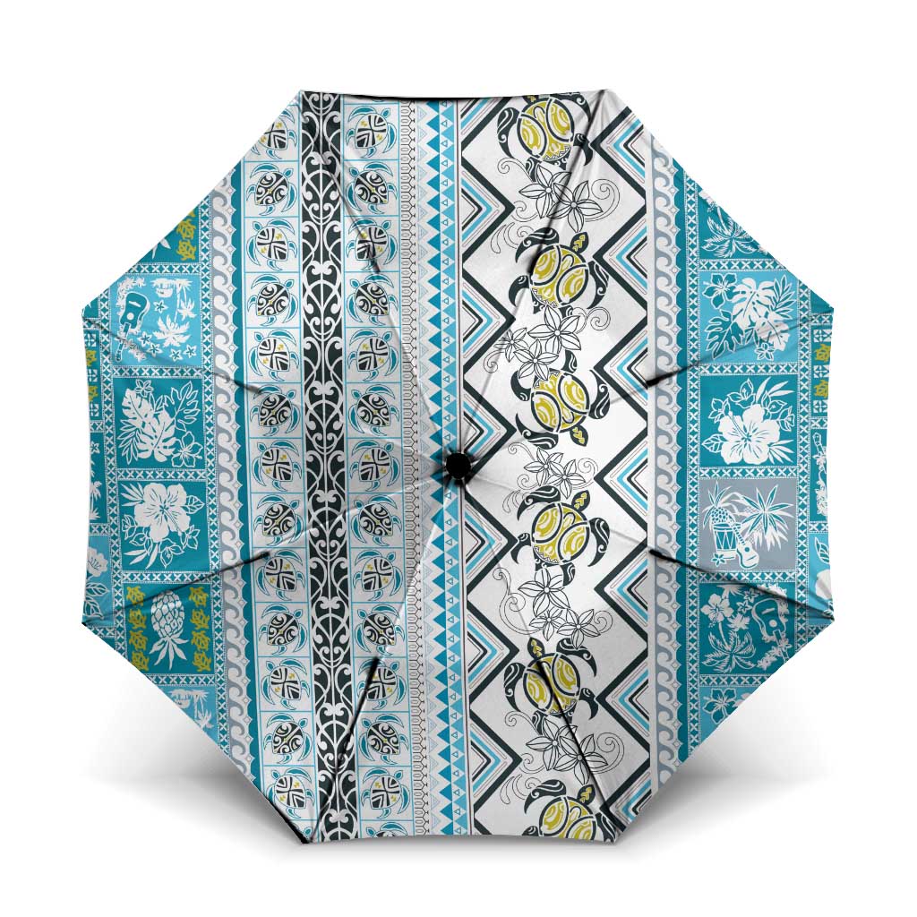Hawaii Makahiki Turtle Umbrella Blue Tapa Pattern LT05 One Size Folded 11.42 inch Opened Diameter 37.4 inch Blue - Polynesian Pride