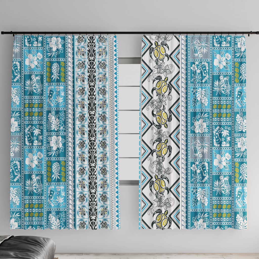 Hawaii Makahiki Turtle Window Curtain Blue Tapa Pattern LT05 With Hooks Blue - Polynesian Pride