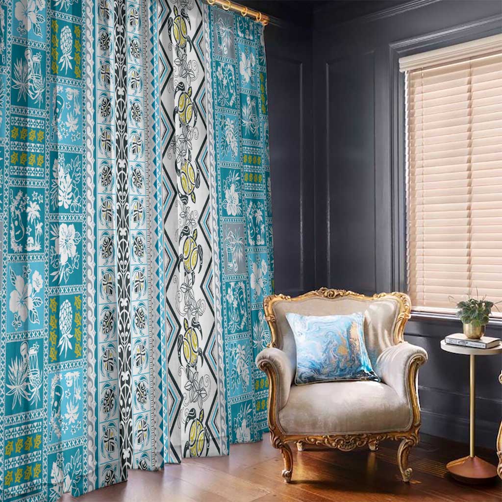 Hawaii Makahiki Turtle Window Curtain Blue Tapa Pattern LT05 - Polynesian Pride