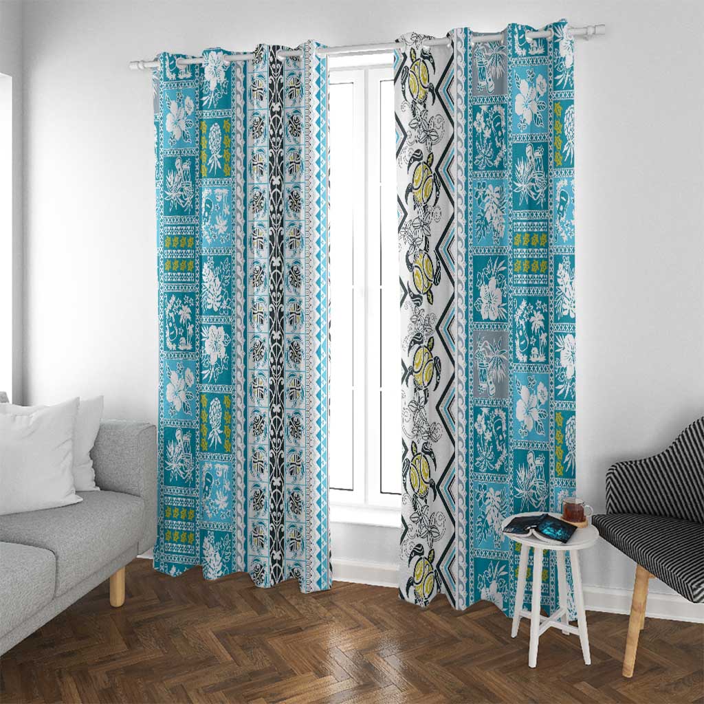 Hawaii Makahiki Turtle Window Curtain Blue Tapa Pattern LT05 With Grommets Blue - Polynesian Pride