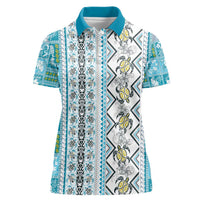 Hawaii Makahiki Turtle Women Polo Shirt Blue Tapa Pattern LT05 Female Blue - Polynesian Pride