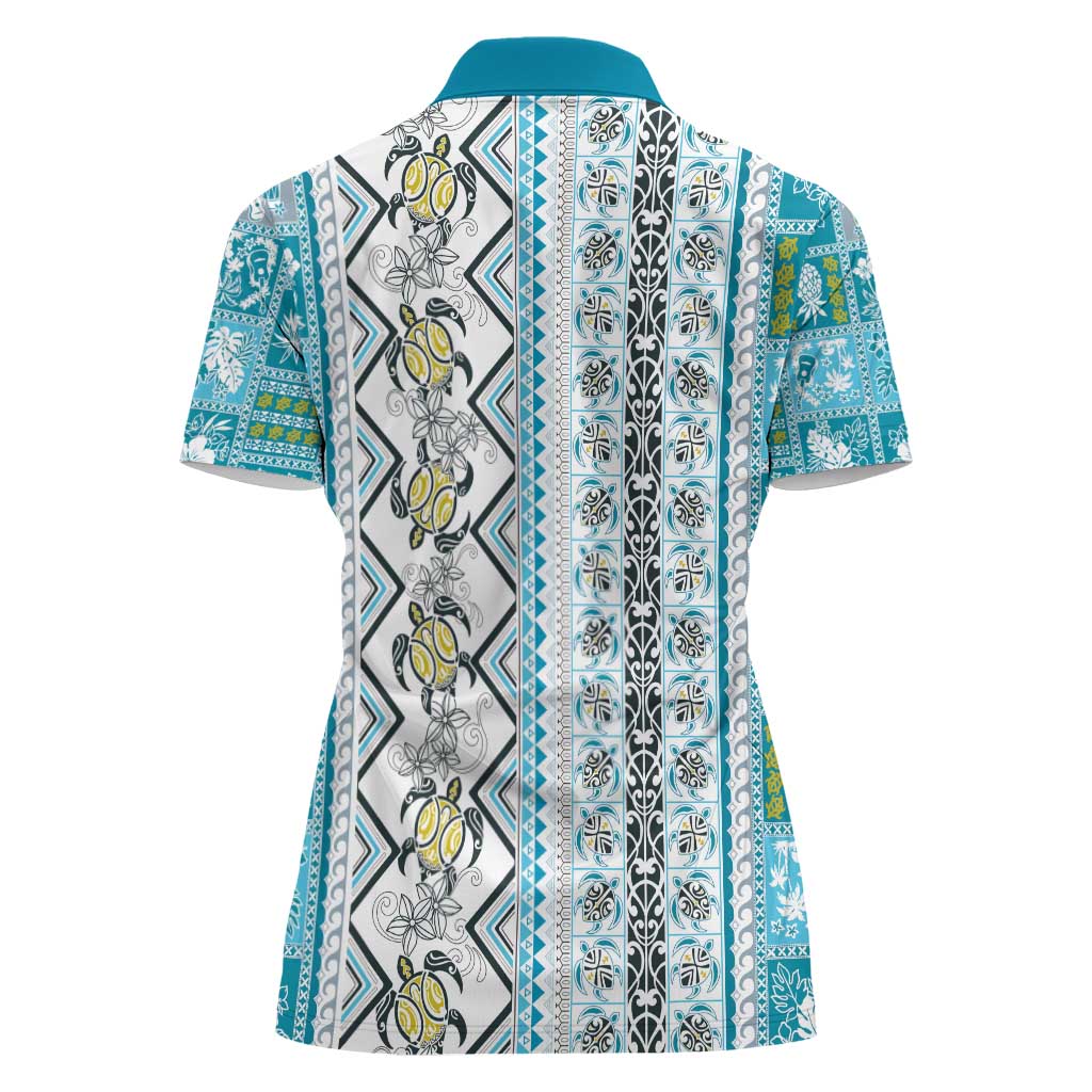 Hawaii Makahiki Turtle Women Polo Shirt Blue Tapa Pattern LT05 - Polynesian Pride