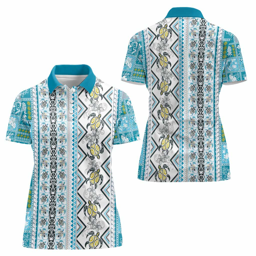 Hawaii Makahiki Turtle Women Polo Shirt Blue Tapa Pattern LT05 - Polynesian Pride