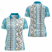 Hawaii Makahiki Turtle Women Polo Shirt Blue Tapa Pattern LT05 - Polynesian Pride
