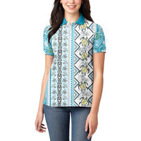 Hawaii Makahiki Turtle Women Polo Shirt Blue Tapa Pattern LT05 - Polynesian Pride