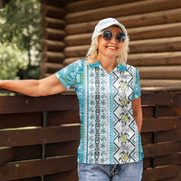 Hawaii Makahiki Turtle Women Polo Shirt Blue Tapa Pattern LT05 - Polynesian Pride