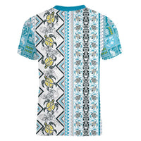 Hawaii Makahiki Turtle Women V-Neck T-Shirt Blue Tapa Pattern LT05 - Polynesian Pride