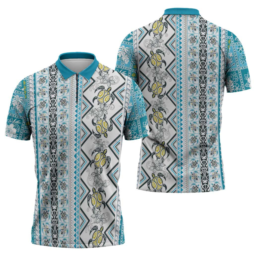Hawaii Makahiki Turtle Zipper Polo Shirt Blue Tapa Pattern LT05 - Polynesian Pride