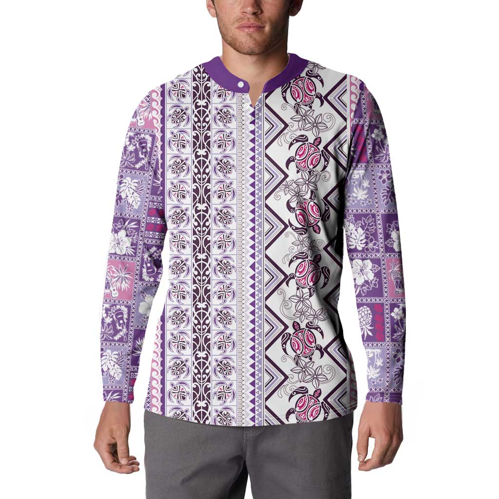 Hawaii Makahiki Turtle Button Sweatshirt Violet Tapa Pattern LT05 - Polynesian Pride