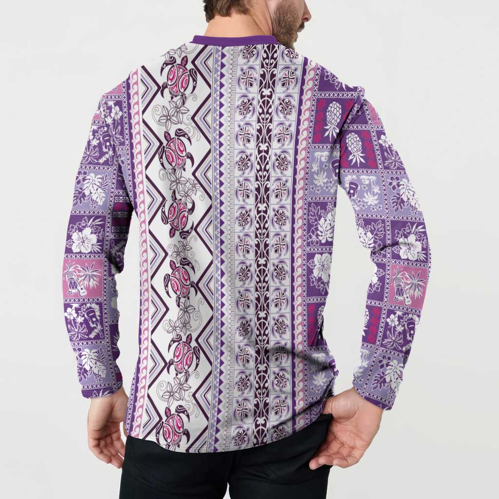 Hawaii Makahiki Turtle Button Sweatshirt Violet Tapa Pattern LT05 - Polynesian Pride