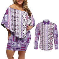 Hawaii Makahiki Turtle Couples Matching Off Shoulder Short Dress and Long Sleeve Button Shirt Violet Tapa Pattern LT05 Violet - Polynesian Pride
